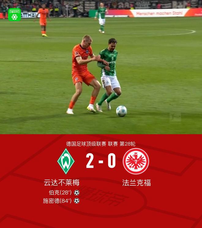 不萊梅勝法蘭克福，施密德助攻，伯克進(jìn)球，2-0